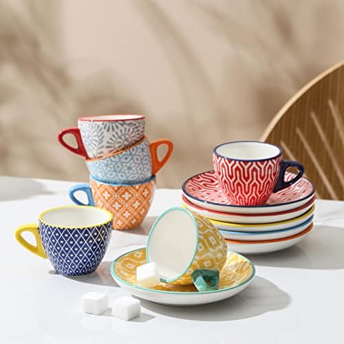 Selamica Ceramic 2 OZ Espresso Cups with Saucers, Set of 6, Assorted