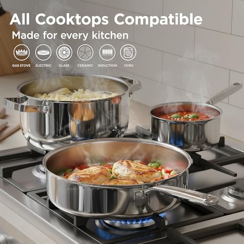 Tri-Ply Stainless Steel Cookware Set, 10pcs Pots and Pans Set Non Toxic