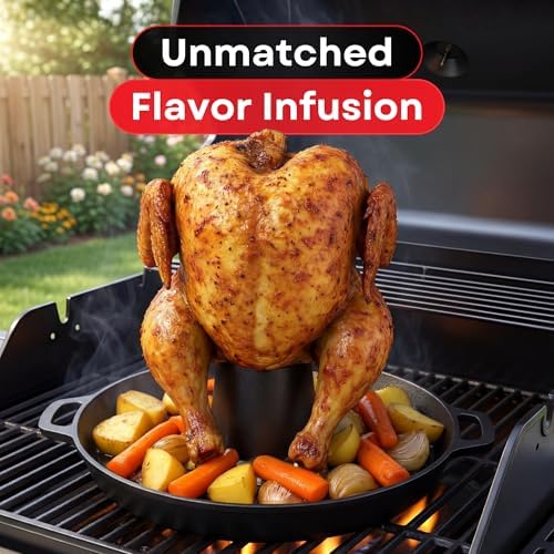 Cast Iron Vertical Chicken Roaster with Drip Pan - Beer Can Holder for