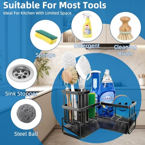 Black L-Shaped Sink Caddy with Drain