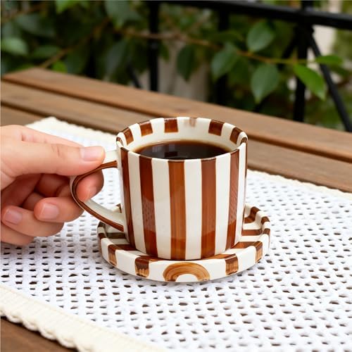 2-Pack Ceramic Coffee Mug and Saucer Set, 8 oz Hand-Painted Green