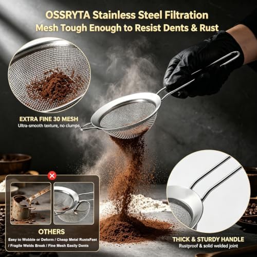 Fine Mesh Strainer Set of 3 - Stainless Steel Sieve with Handles for