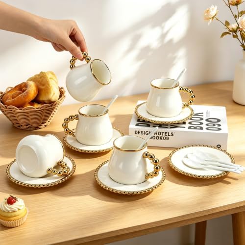 8 Oz Cappuccino Cups Set of 4, Latte Cups with Saucer and Spoons