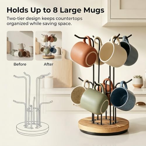 360° Rotating Mug Tree, Large Cup Mug Holder with 8 Hooks