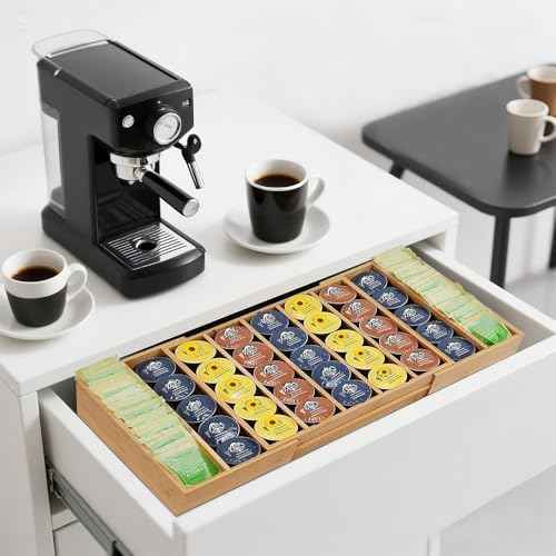 K Cup Holder Bamboo Coffee Pod Holder Drawer Organizer, Expandable K Cup Pod Storage Tea Bag Storage for Coffee Station Home Office and Kitchen