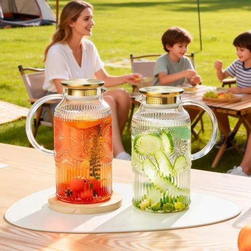 Buaic 2 PACK Glass Pitcher with Lid, 68 oz Vintage Water Carafe for
