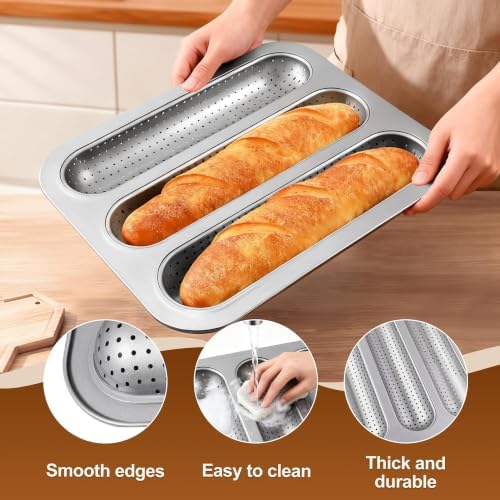 French Bread Baking Pan, 3-Cavity Baguette Pan, Silver 1 Pack