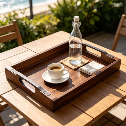 Acacia Wood Serving Tray with Metal Handle, 17X13In Tray for Ottoman