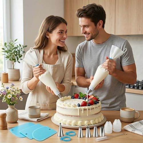 17-Piece Piping Bags and Tips Set, 2 Reusable 16 Inch Cotton Pastry