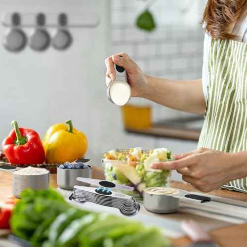 Magnetic Measuring cups and spoons Set, 304 Stainless Steel 5 Magnetic Measuring Cup and 8 Double Sided Measuring Spoons with 1 Leveler，Kitchen Gadgets for Cooking & Baking