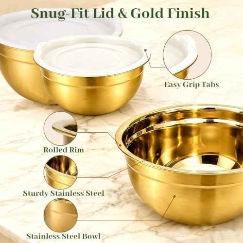 5-Piece Gold Stainless Steel Mixing Bowls with White Lids, Nesting