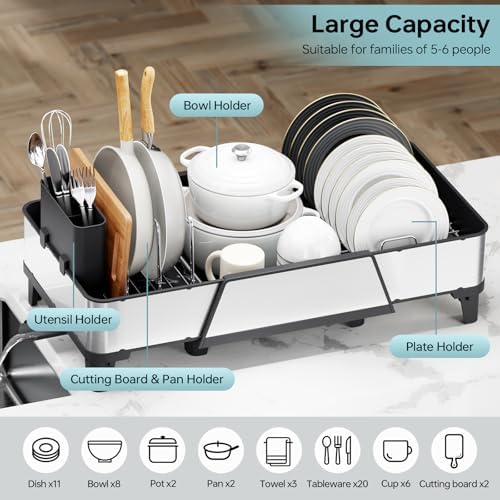 Urackify Large Expandable Dish Drying Rack, Black