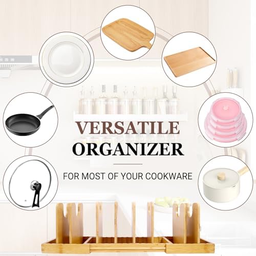 Bamboo Expandable Pot Lid Organizer, Pots and Pans Holder Rack for