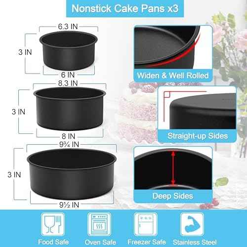 E-far Deep Cake Pan Set of 3 (6/8/91⁄2 Inch), Nonstick Stainless Steel