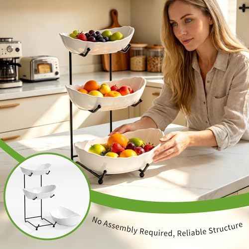 Ceramic Fruit Bowl for Kitchen Counter - 3 Tier Modern Fruit Basket Fruit Rack with Metal Stand, Tiered Fruit Stand for Snacks, Candy, Bread (Black)