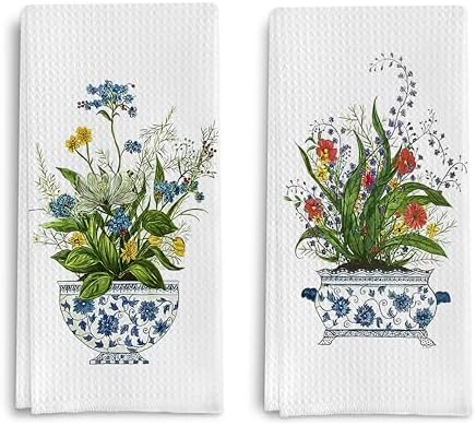 Chinoiserie Floral Kitchen Towels Set of 2 - Retro Flower Chinoiserie