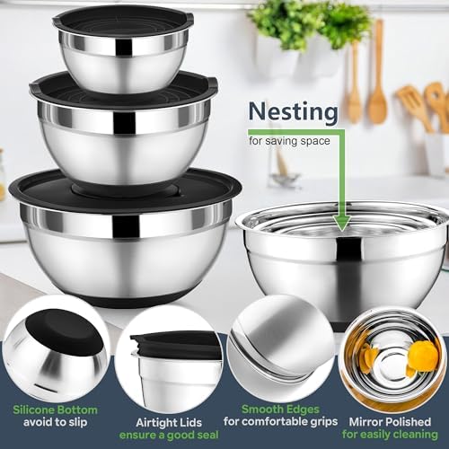 P&P CHEF Mixing Bowl with Lid Set of 3, Stainless Steel Salad Bowls