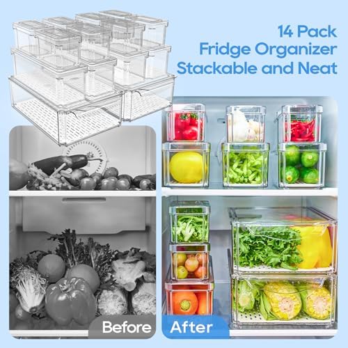 JollyPack Fridge Organizers, Refrigerator Organizer Bins with Lids, 14 Pack