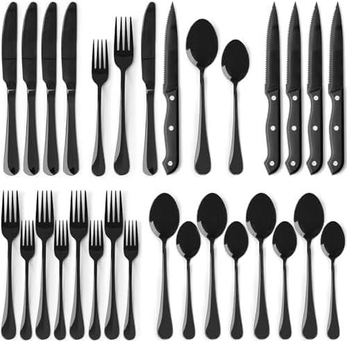 Astercook 24-Piece Black Silverware Set with Steak Knives Flatware Set