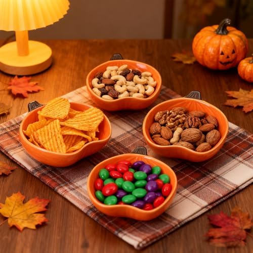 Orange Pumpkin Bowls Spoon, 6 oz Fall Ceramic Ramekins, Set of 6