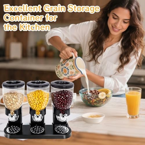 1 Pcs Triple Indispensable Dry Food Dispenser with Cup Black Cereal Storage Container 67oz Each Capacity for Kitchen Rice Nuts Cereal Snack Gumball Candy Dog Food