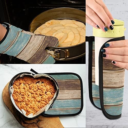 Oven Mitts Quilted Cotton Lining Farm Wooden Texture Potholders BBQ