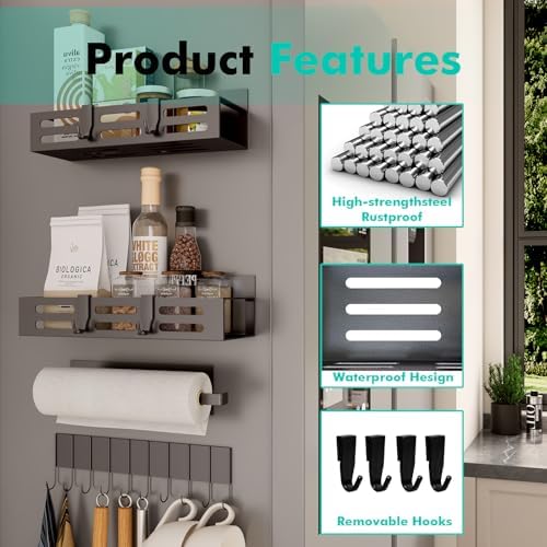 SETBAOO 4-Pack Magnetic Spice Rack with Paper Towel Holder, Black
