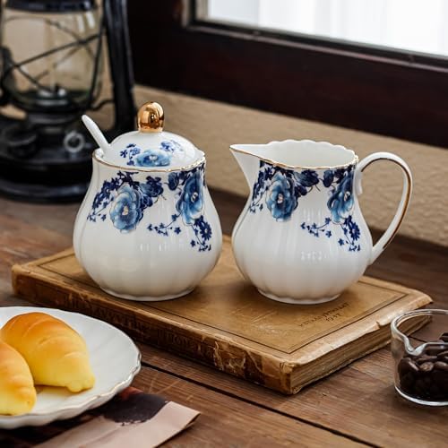Agyiuns Ceramic Sugar and Creamer Set, 3 Piece with Cream Pitcher