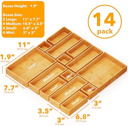 SpaceAid Bamboo Spice Drawer Organizer and 14-Piece Storage Boxes Set