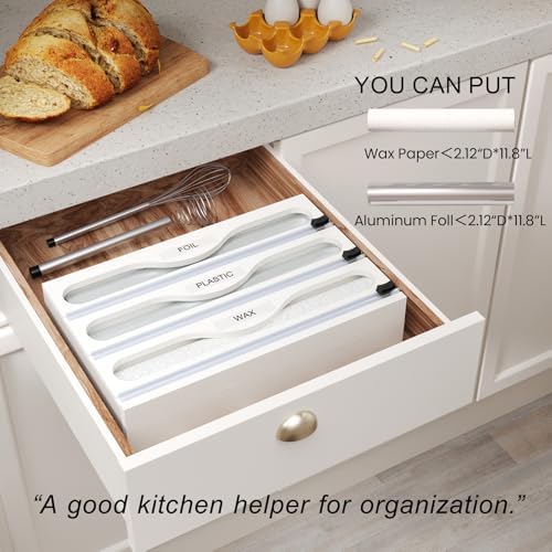Wrap Dispenser with Cutter and Labels, Plastic Wrap Organizer For Kitchen,Bamboo 3-in-1 Wrap Dispensers for Cling Wrap Aluminum Foil and Wax,Storage Organization Holder（White）