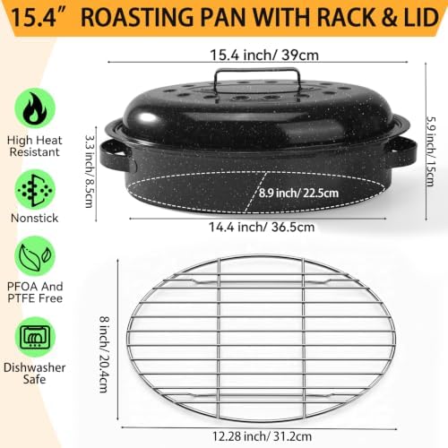 15.4” Turkey Roasting Pan With Rack and Lid, Enamel Carbon Steel