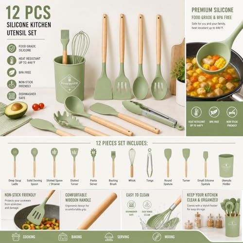 Caboh Silicone Kitchen Utensil Set, 12-Piece, Light Green