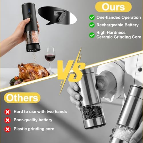 Electric Salt and Pepper Grinder Set, USB-Rechargeable, Black