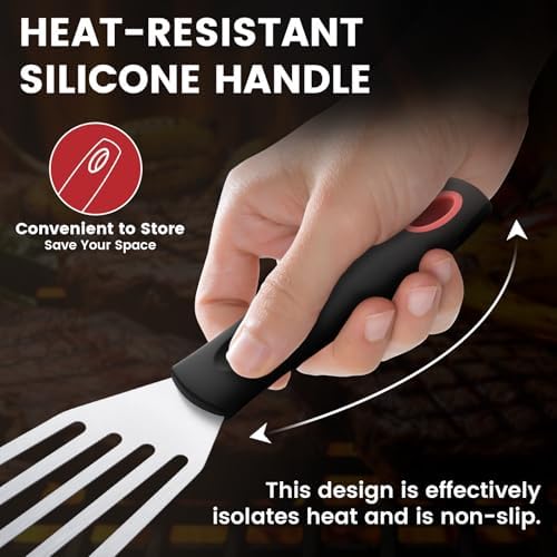 2Pcs Fish Spatula, Heat Resistant Silicone Edge for Nonstick Cookware