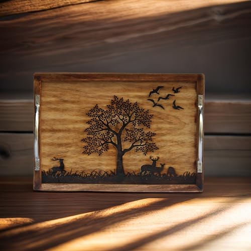 Large Wooden Serving Tray with Nature Scene, Decorative Tree and