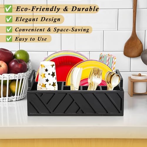 Paper Plate Dispenser with Utensil Caddy, Rustic Wooden 6-Compartment
