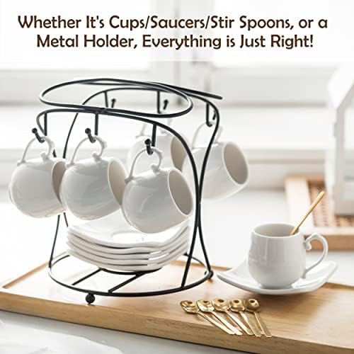 LYEOBOH Espresso Cups with Saucers Set, Coffee Cups Metal Stand and