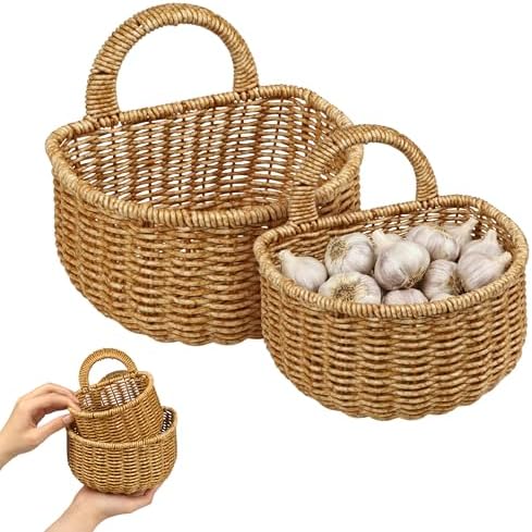 2 Pack Hanging Onion Rattan Basket - Wall Hand Woven Storage with