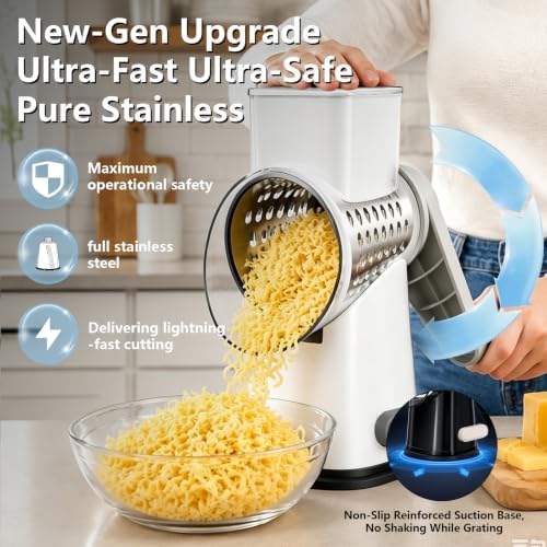 VEKAYA Rotary Cheese Grater Hand Crank, White Grey