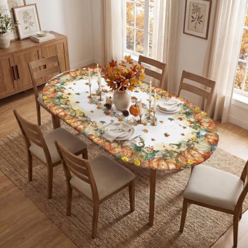 Horaldaily Fall Fitted Tablecloth for 64x44 Inch Oval,Pumpkin Leaves