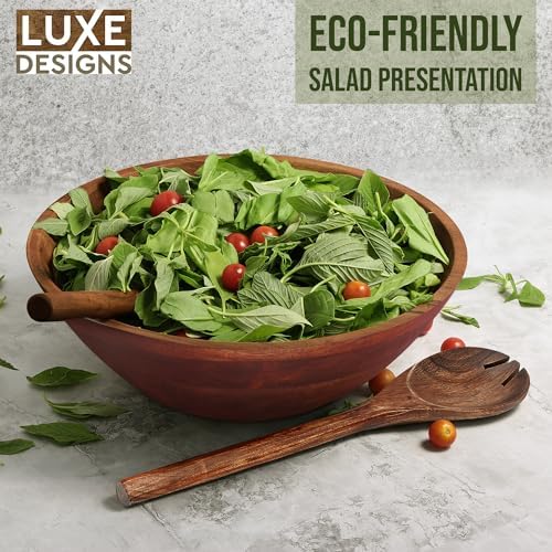 Luxe Designs 12" Dark Burnt Wooden Salad Bowl Set with Serving