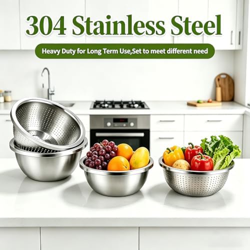 4-Piece Stainless Steel Mixing Bowls and Microporous Colanders Set, 3QT & 5QT Nesting Bowls with Fine Drain Strainers for Washing Rice, Fruits, Vegetables, Pasta, and More