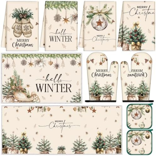 10 Pcs Hello Winter Christmas Kitchen Set Towels Mats Pot Holders