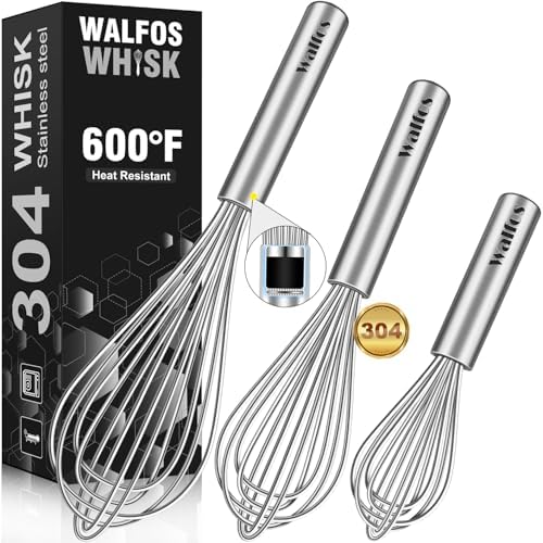 Walfos Whisk,304 Stainless Steel whisk,No-Rust 7+9+11inch Whisks for