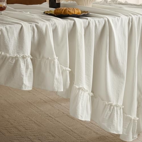 Romanstile Ruffled Round Tablecloth, White, 70 Inch