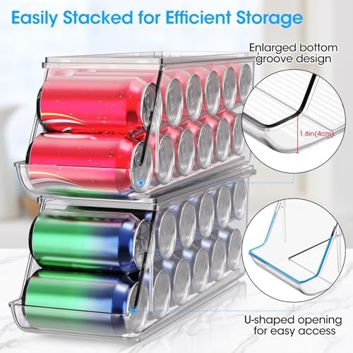 4 Pack Soda Can Organizer, Clear Refrigerator Organizer with Lids