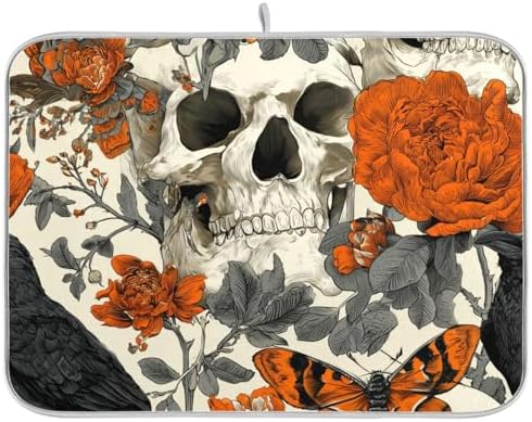 OTVEE Dark Art with Skulls Dish Drying Mat for Kitchen Counter