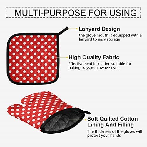 QMXO Geometric Texture Red Polka Dot Oven Mitts Quilted Cotton Lining