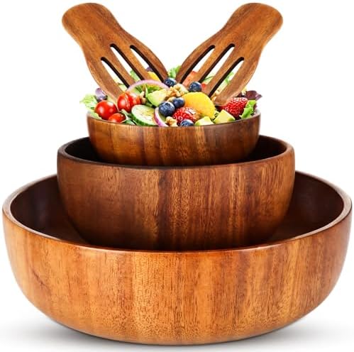 Hushee 5 Pcs Acacia Wood Salad Bowl Set 4.7" 6.3" 9.5" Wooden Mixing