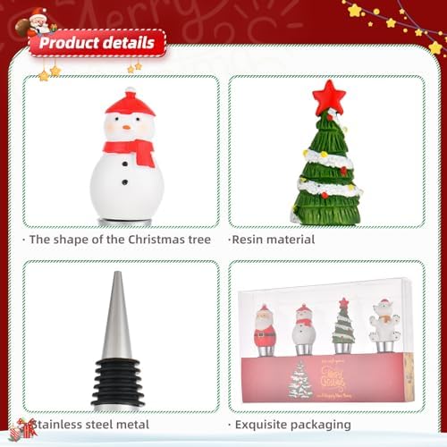 Set of 4 Resin Wine Bottle Stoppers for Christmas Holiday Decoration